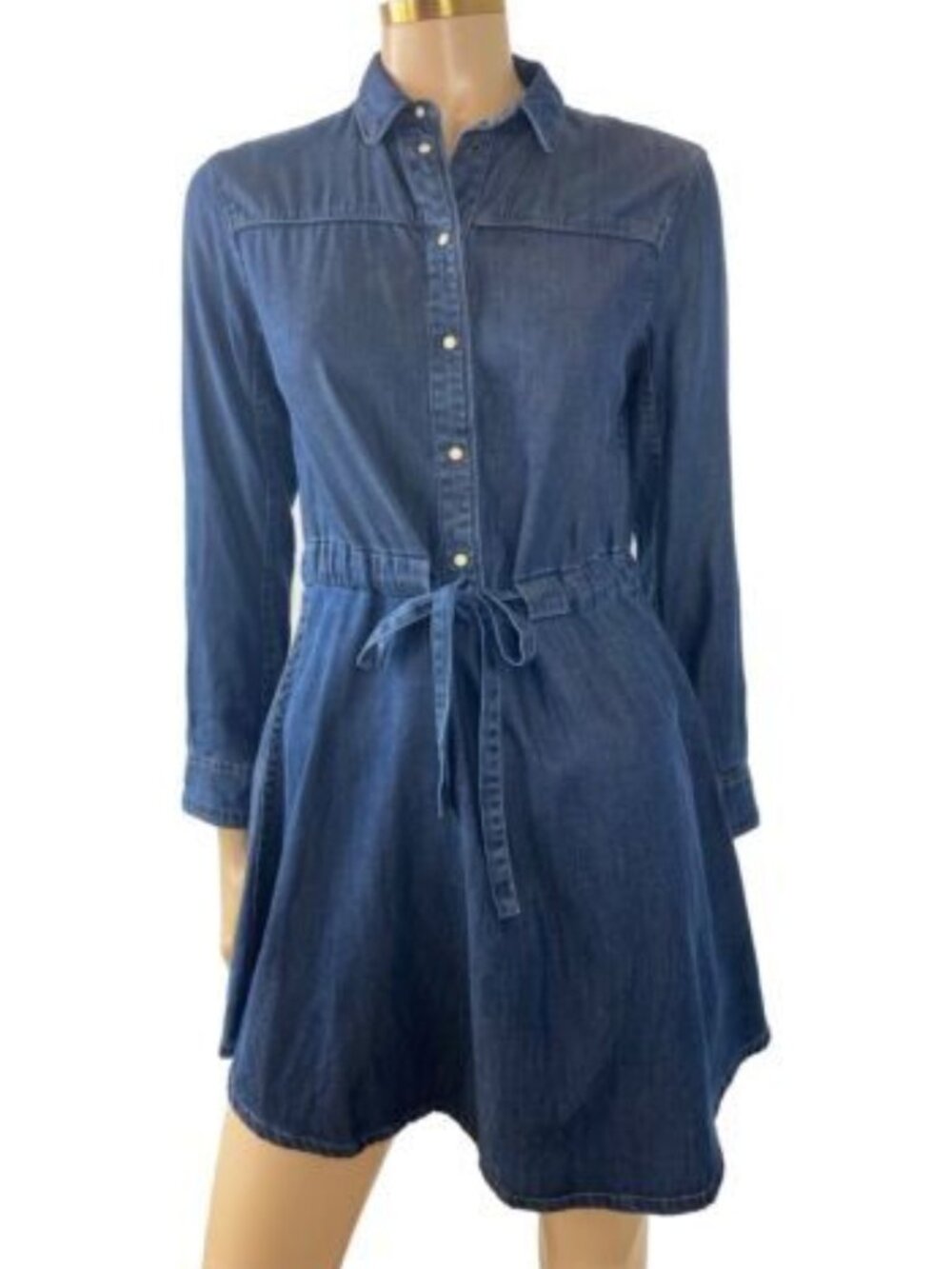 All Saints Denim Shirt Dress Blue Snap Button Drawstring Waist Tunic Size 4 US